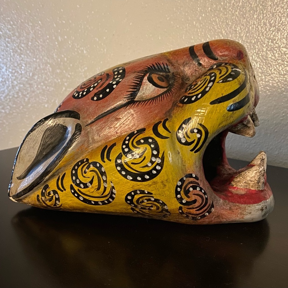Handcrafted Mexican Folk Art Carved Wood Jaguar Leopard Wall Mask Sculpture - Picture 3 of 7